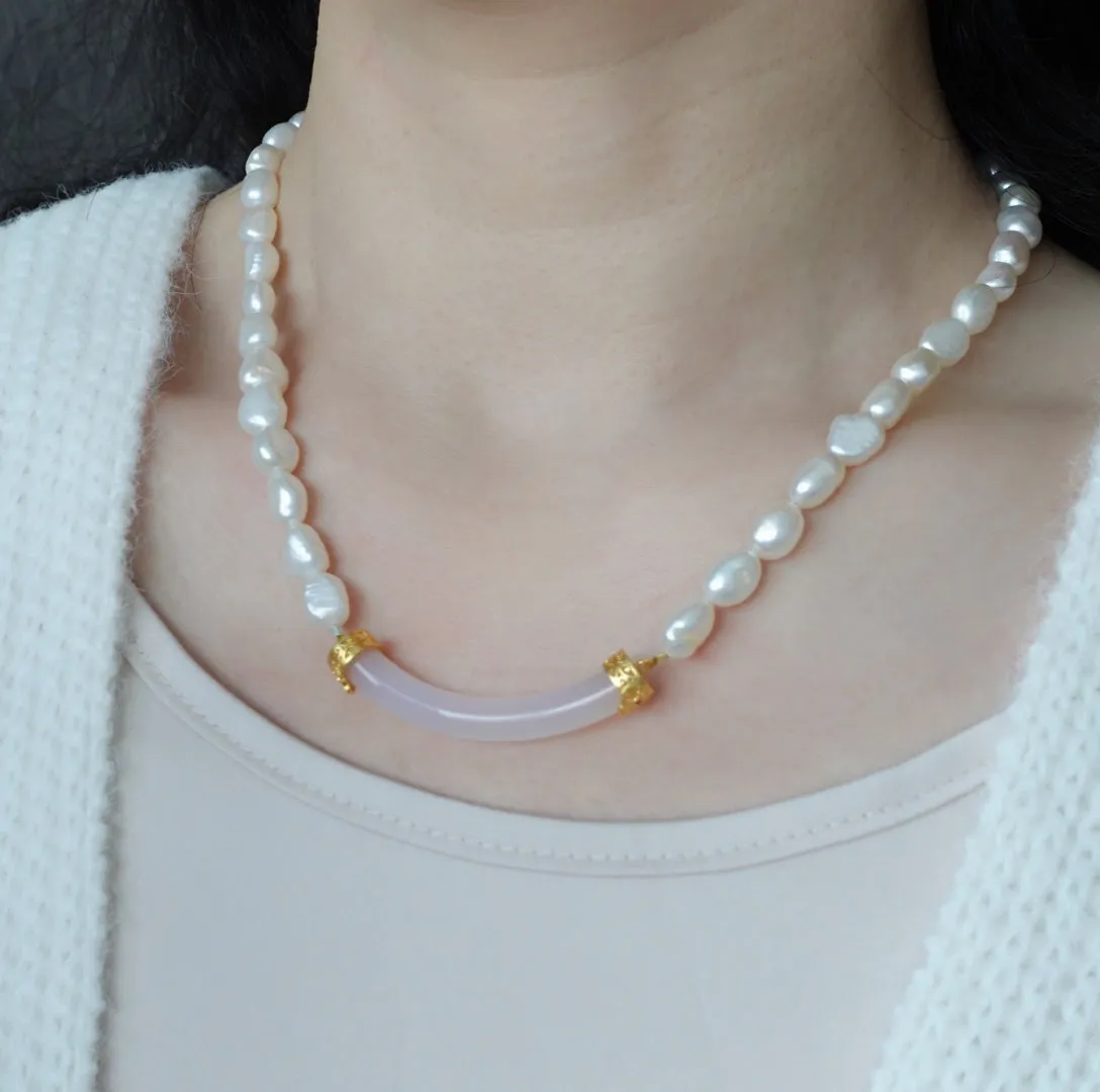 Baroque Pearl Crystal Curve Tube Necklace